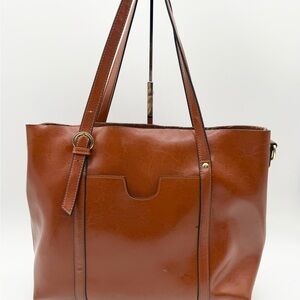 Kattee Leather Tote Bag Shoulder Bag Large Zip Double Strap Cognac